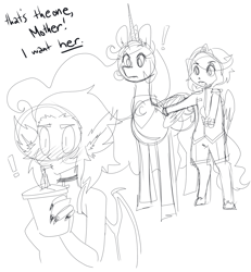 Size: 1536x1663 | Tagged: safe, artist:/d/non, princess luna, oc, oc:sirius, oc:yuzu, alicorn, pony, satyr, alternate hairstyle, blushing, clothes, collar, crown, dialogue, drink, ear fluff, exclamation point, jewelry, monochrome, parent:anon, parent:oc:anon, parent:princess luna, regalia, shirt, shorts