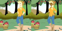 Size: 2538x1266 | Tagged: safe, artist:animecreator, applejack, apple, comparison, humanized