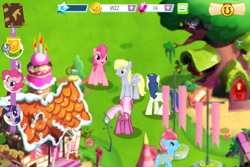 Size: 960x640 | Tagged: safe, screencap, bon bon, cup cake, derpy hooves, pinkie pie, sweetie drops, earth pony, pegasus, pony, female, game screencap, gameloft, mare, sugarcube corner