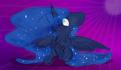 Size: 1900x1100 | Tagged: safe, artist:danielle-mj, princess luna, alicorn, pony, filly, sitting, solo, spread wings, woona, younger