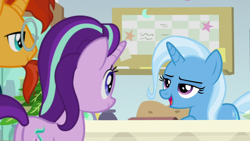 Size: 1920x1080 | Tagged: safe, derpibooru import, screencap, phyllis, starlight glimmer, sunburst, trixie, unicorn, a horse shoe-in