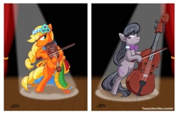 Size: 1128x720 | Tagged: safe, artist:texasuberalles, applejack, octavia melody, earth pony, pony, cello, fiddle, musical instrument