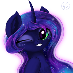 Size: 2000x2000 | Tagged: safe, artist:nimaru, princess luna, alicorn, pony, grin, one eye closed, simple background, smiling, solo, style emulation, transparent background, wink