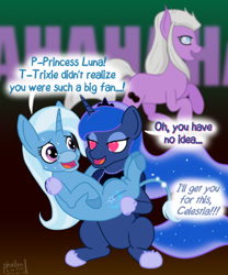 Size: 1000x1200 | Tagged: safe, artist:phallen1, derpibooru import, princess luna, trixie, alicorn, donkey, pony, a midsummer night's dream, atg 2020, bridal carry, carrying, dialogue, donkeycorn, heart eyes, lunatrix, mind control, newbie artist training grounds, puck, shipping, species swap, sweat, want it need it, wingding eyes