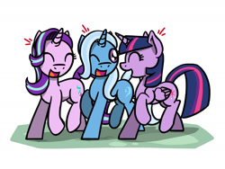 Size: 1280x960 | Tagged: safe, artist:flutterluv, derpibooru import, starlight glimmer, trixie, twilight sparkle, twilight sparkle (alicorn), alicorn, pony, friendship day, magical trio, trio, twilight's counterparts