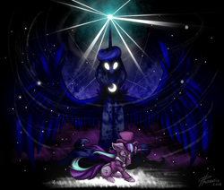 Size: 1024x869 | Tagged: safe, artist:pxoenix2014, princess luna, snowfall frost, starlight glimmer, alicorn, pony, blizzard, cloak, clothes, duo, eyes closed, glowing eyes, gritted teeth, looming over, magic, snow, snowfall, spirit of hearth's warming yet to come, spread wings
