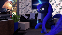 Size: 1920x1080 | Tagged: safe, artist:thelunagames, princess luna, alicorn, pony, 3d, clothes, food, ice cream, magic, raised hoof, socks, sofa, solo, telekinesis, television