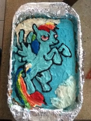 Size: 720x960 | Tagged: safe, rainbow dash, pegasus, pony, blue coat, cake, female, mare, multicolored mane