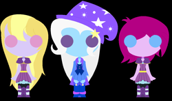 Size: 1100x650 | Tagged: safe, artist:mikamiau, derpibooru import, fuchsia blush, lavender lace, trixie, equestria girls, adoracreepy, chibi, creepy, cute, female, trixie and the illusions