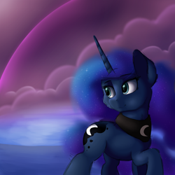 Size: 2000x2000 | Tagged: safe, artist:vanillaghosties, princess luna, alicorn, pony, cheek fluff, cloud, dream, female, looking back, mare, missing accessory, raised hoof, shore, sky, smiling, solo, standing, walking, water