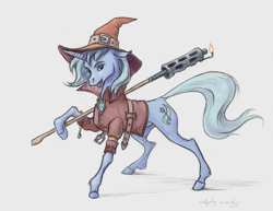 Size: 899x694 | Tagged: safe, artist:adeptus-monitus, derpibooru import, trixie, pony, unicorn, alternate costumes, belt, colored, female, fire, hat, mare, napalm staff, simple background, solo, staff, white background, wizard hat