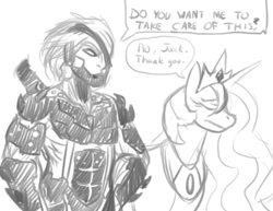 Size: 777x600 | Tagged: artist needed, source needed, safe, princess celestia, alicorn, pony, metal gear, metal gear rising, metal gear solid, monochrome, raiden