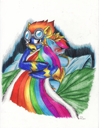 Size: 2548x3296 | Tagged: safe, artist:zaedrin, rainbow dash, spitfire, pegasus, pony, blushing, clothes, comfort, crying, dress, embrace, fanfic, fanfic art, feels, female, gala dress, hug, hurt/comfort, lesbian, sad, shipping, spitdash, tear jerker, wonderbolts, wonderbolts uniform, woobie