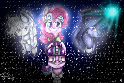 Size: 1500x1000 | Tagged: safe, artist:wolfchen999, applejack, pinkie pie, princess luna, snowfall frost, spirit of hearth's warming past, starlight glimmer, alicorn, earth pony, pony, a hearth's warming tail, blizzard, cloak, clothes, magic, snow, snowfall, spectacles, spirit of hearth's warming presents, spirit of hearth's warming yet to come