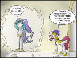 Size: 2000x1500 | Tagged: safe, artist:maiah, princess celestia, oc, alicorn, pony, braces, hole, royal guard, rubble, speech bubble, wall