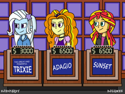 Size: 1600x1200 | Tagged: safe, artist:djgames, derpibooru import, adagio dazzle, sunset shimmer, trixie, equestria girls, female, game show, jeopardy, lesbian, shipping, sunsagio, triagio