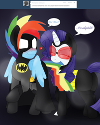 Size: 1525x1900 | Tagged: safe, artist:blackbewhite2k7, rainbow blitz, rainbow dash, rarity, pegasus, pony, unicorn, batman, catwoman, crossover, female, half r63 shipping, magic, male, parody, rariblitz, raridash, rule 63, shipping, straight, tail bite, the dark knight rises, tumblr