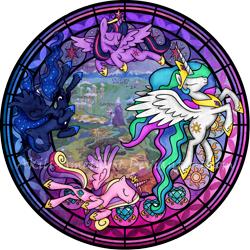 Size: 2100x2100 | Tagged: safe, artist:akili-amethyst, princess cadance, princess celestia, princess luna, twilight sparkle, twilight sparkle (alicorn), alicorn, pony, alicorn tetrarchy, cutie mark, dive to the heart, equestria, eyes closed, female, kingdom hearts, mare, smiling, stained glass