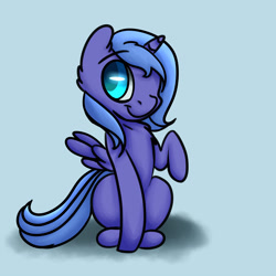 Size: 3000x3000 | Tagged: safe, artist:yolozart, princess luna, alicorn, pony, cute, filly, lunabetes, one eye closed, raised hoof, sitting, smiling, solo, wink, woona, younger