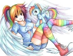 Size: 850x654 | Tagged: safe, artist:qiisnii, rainbow dash, clothes, converse, humanized, plushie, rainbow socks, shoes, socks, solo, striped socks, traditional art, winged humanization, winged shoes