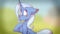 Size: 1280x720 | Tagged: safe, artist:suenden-hund, derpibooru import, trixie, pony, unicorn, magic duel, blushing, chest fluff, cute, female, floppy ears, fluffy, frown, mare, open mouth, scene interpretation, solo