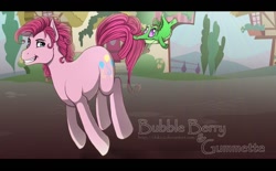 Size: 948x587 | Tagged: safe, artist:pocki07, bubble berry, gummy, pinkie pie, alligator, earth pony, pony, biting, male, pronking, rule 63, stallion, tail bite