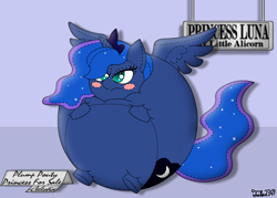 Size: 1400x1000 | Tagged: safe, artist:tails230, princess luna, alicorn, pony, ball, blush sticker, blushing, cute, inanimate tf, inflation, no more ponies at source, plushie, pouting, round, solo, stitches, transformation, unamused