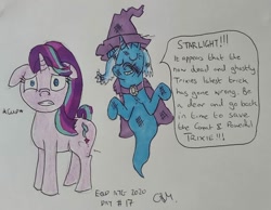 Size: 1132x879 | Tagged: safe, artist:rapidsnap, derpibooru import, starlight glimmer, trixie, ghost, ghost pony, undead, floppy ears, gulp, traditional art