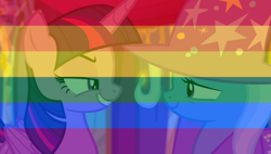 Size: 612x347 | Tagged: safe, derpibooru import, edit, edited screencap, screencap, trixie, twilight sparkle, twilight sparkle (alicorn), alicorn, no second prances, facebook, female, gay pride flag, lesbian, lgbt, pride, pride flag, shipping, twixie