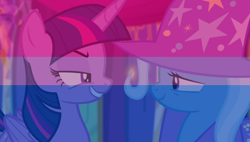 Size: 612x347 | Tagged: safe, derpibooru import, edit, edited screencap, screencap, trixie, twilight sparkle, twilight sparkle (alicorn), alicorn, no second prances, bilight sparkle, bisexual pride flag, female, implied bisexual, lesbian, pride, pride flag, shipping, twixie