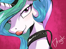 Size: 550x414 | Tagged: safe, artist:dragk, princess celestia, alicorn, pony, bedroom eyes, bust, collar, femsub, leash, licking lips, looking at you, pet play, portrait, smiling, solo, sublestia, submissive, tongue out