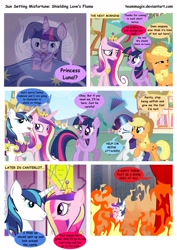 Size: 1024x1448 | Tagged: safe, artist:teammagix, applejack, princess cadance, princess celestia, rarity, shining armor, sunset shimmer, twilight sparkle, twilight sparkle (alicorn), alicorn, earth pony, pony, unicorn, comic:sun setting misfortune, comic, fire, nightmare sunset, possessed, possesstia