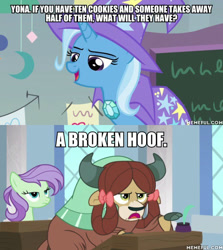 Size: 600x674 | Tagged: safe, derpibooru import, edit, edited screencap, screencap, trixie, yona, earth pony, pony, unicorn, yak, a horse shoe-in, animaniacs, bow, caption, cloven hooves, female, hair bow, hat, image macro, mare, monkey swings, text