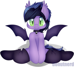 Size: 2000x1791 | Tagged: safe, artist:donutnerd, oc, oc only, oc:midnight reverie, bat pony, bat pony oc, bell, bell collar, clothes, collar, heart eyes, simple background, solo, stockings, thigh highs, transparent background, wingding eyes