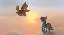 Size: 3146x1696 | Tagged: safe, artist:johnoz, rainbow dash, scootaloo, pegasus, pony, older, scootaloo can fly