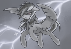 Size: 936x646 | Tagged: safe, artist:soulspade, rainbow dash, pegasus, pony, discorded, flying, lightning, storm