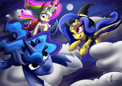 Size: 3507x2480 | Tagged: safe, artist:calena, princess luna, oc, oc:star symphony, oc:trinity deblanc, alicorn, pony, clothes, cloud, costume, full moon, halloween, hat, moon, stars, witch hat