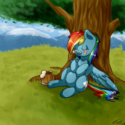 Size: 1000x1000 | Tagged: safe, artist:tomat-in-cup, rainbow dash, pegasus, pony, alcohol, beer, blushing, cider, eyes closed, female, mare, mountain, mug, outdoors, signature, sleeping, solo, tree