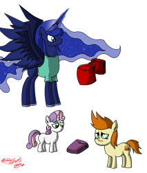 Size: 1050x1234 | Tagged: safe, artist:zsparkonequus, gallop j. fry, princess luna, sweetie belle, alicorn, pony, crying, sad, saddle bag, simple background, transparent background