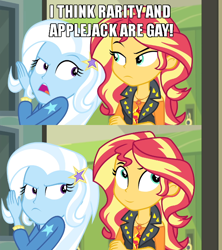 Size: 640x720 | Tagged: safe, derpibooru import, edit, edited screencap, screencap, sunset shimmer, trixie, better together, equestria girls, forgotten friendship, caption, comic, image macro, implied applejack, implied lesbian, implied rarijack, implied rarity, implied shipping, meme, no shit sherlock, screencap comic, smiling, smirk, text, trixie yells at everything