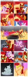 Size: 595x1620 | Tagged: safe, artist:teammagix, princess cadance, princess celestia, shining armor, alicorn, pony, unicorn, comic:sun setting misfortune, butt, comic, epic wife tossing, fire, magic, nightmare sunset, petrification, plot, possessed, possesstia