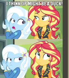 Size: 640x720 | Tagged: safe, derpibooru import, edit, edited screencap, screencap, sunset shimmer, trixie, better together, equestria girls, forgotten friendship, captain obvious, caption, comic, geode of empathy, image macro, magical geodes, meme, meta, no shit sherlock, op is a duck (reaction image), reaction image, screencap comic, smiling, smirk, text, trixie yells at everything