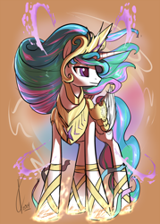 Size: 1000x1400 | Tagged: safe, artist:valcron, princess celestia, alicorn, pony, armor, mega evolution, parody, pokémon, ribbon, solo, warrior celestia