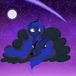 Size: 4000x4000 | Tagged: safe, artist:shaolin01, princess luna, alicorn, pony, absurd resolution, cloud, moon, night, prone, shooting star, solo, stargazing, stars