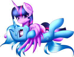 Size: 1944x1506 | Tagged: safe, artist:pikalps, derpibooru import, trixie, twilight sparkle, twilight sparkle (alicorn), alicorn, pony, unicorn, female, lesbian, mare, on back, shipping, simple background, transparent background, twixie