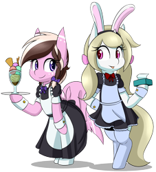 Size: 2000x2200 | Tagged: safe, artist:rice, oc, oc only, oc:ashee, oc:cherry blossom, original species, pony, semi-anthro, shark pony, unicorn, bipedal, bunny ears, clothes, cuffs (clothes), female, food, ice cream, maid, mare, simple background, stockings, thigh highs, transparent background, tray