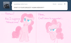 Size: 688x415 | Tagged: safe, artist:bambooharvester, pinkie pie, earth pony, pony, ask, pinkie pie replies, solo, tumblr