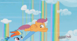 Size: 424x229 | Tagged: safe, rainbow dash, scootaloo, pegasus, pony, sleepless in ponyville, animated, female, mare, wings