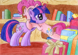 Size: 1735x1238 | Tagged: safe, artist:legeden, pinkie pie, twilight sparkle, earth pony, pony, hug, present, traditional art