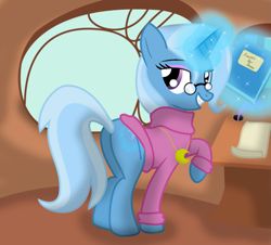 Size: 1423x1285 | Tagged: dead source, safe, artist:dazed-and-wandering, derpibooru import, trixie, pony, unicorn, ask stalker trixie, clothes, female, glasses, jewelry, mare, necklace, sweater